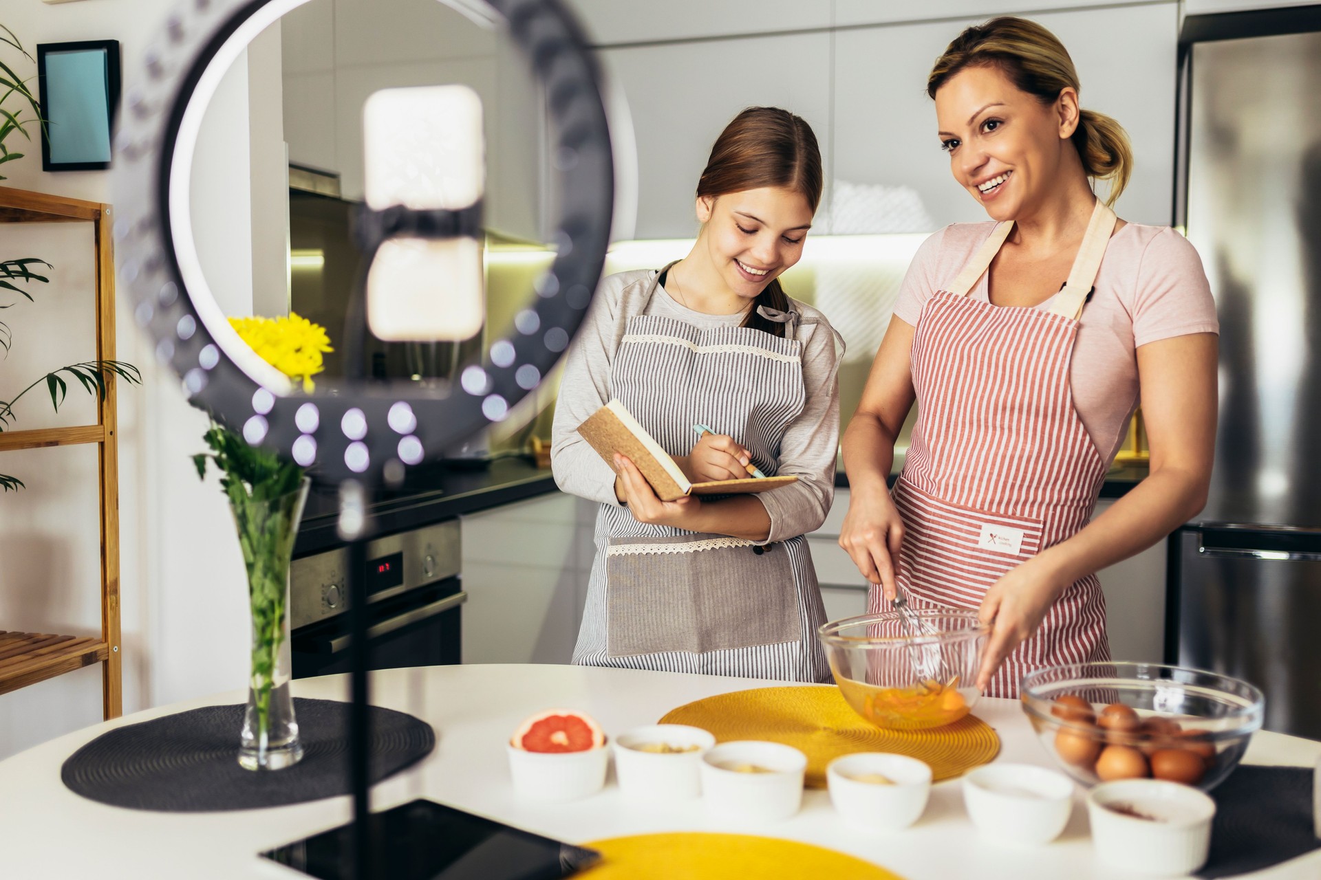 Video Blog About Healthy Food. Mother and Daughter Cooking Together on the Camera